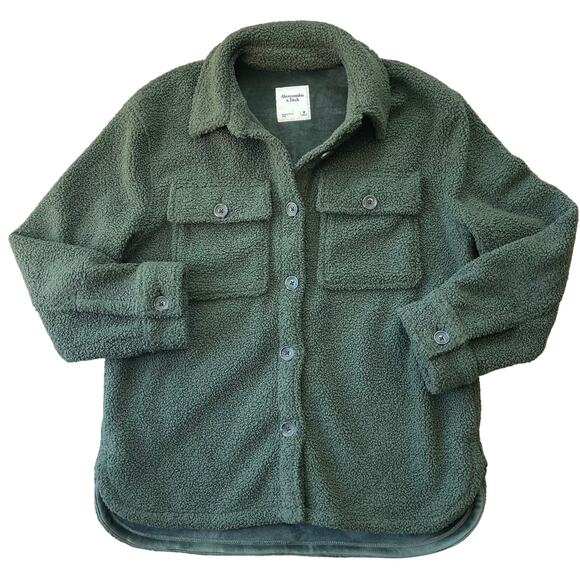 Abercrombie & Fitch Women Sherpa Fleece Shirt Jacket Green Button-Up Shacket M - Picture 1 of 8